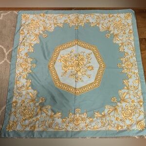 Elegant Gold and Blue Floral Scarf with Gold Roses, made in Italy